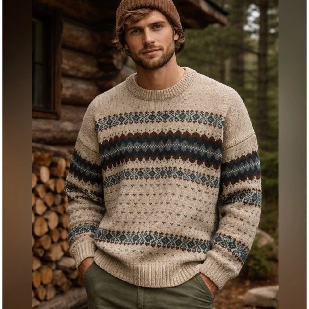 90s Vintage Alps Rugged Outdoors Wool Knit Fair Isle Pullover Sweater Mens M